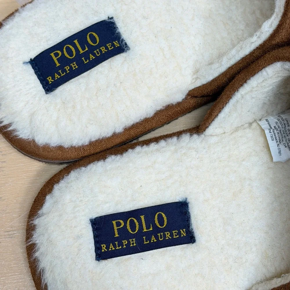 Polo Ralph Lauren Klarence Men 9 Brown Suede Faux Fur Scuff Slippers SMF3537ARL